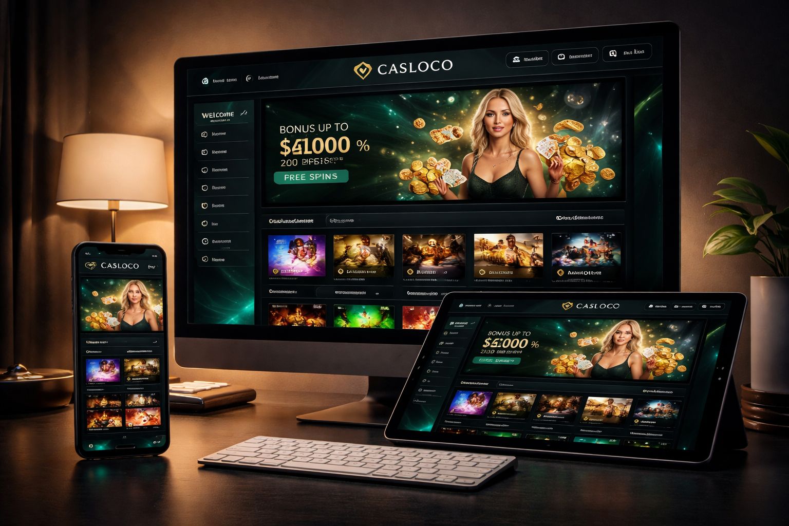 Plataforma de casino en línea CASLOCO mostrada en escritorio y móvil