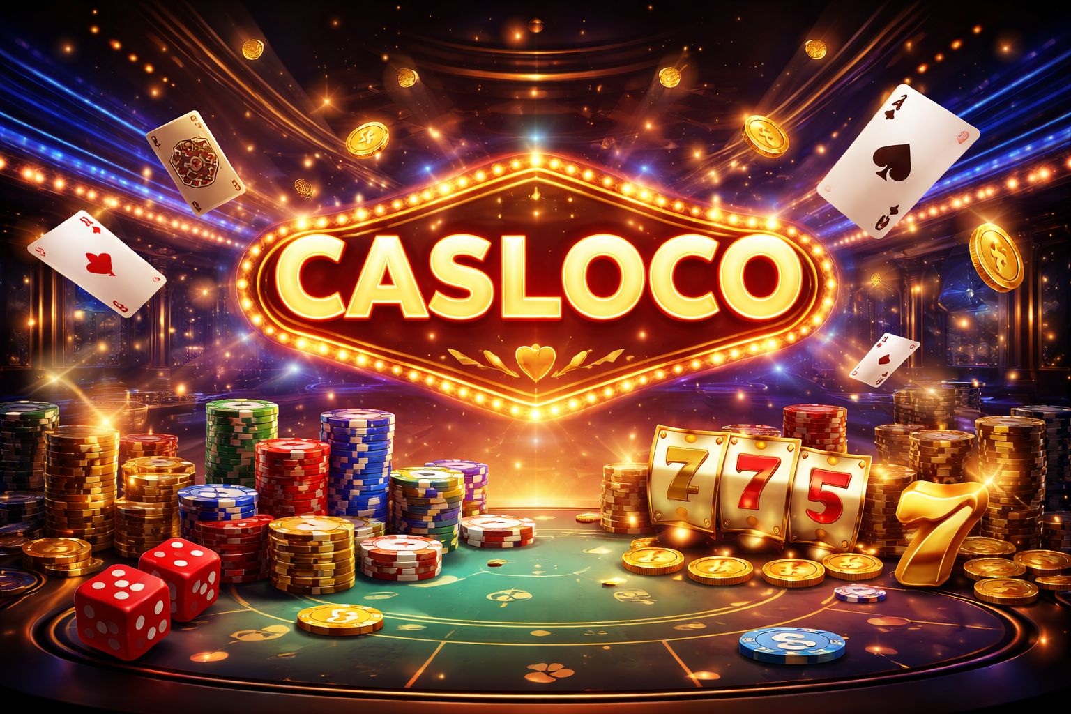Escena dinámica inspirada en casino con CASLOCO mostrado en luces brillantes, rodeado de cartas, fichas e íconos de juegos.