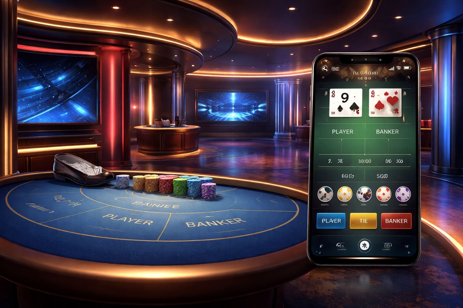 Configuración moderna de casino en vivo en una pantalla móvil con una mesa de estudio pulida y luces vibrantes en el fondo.