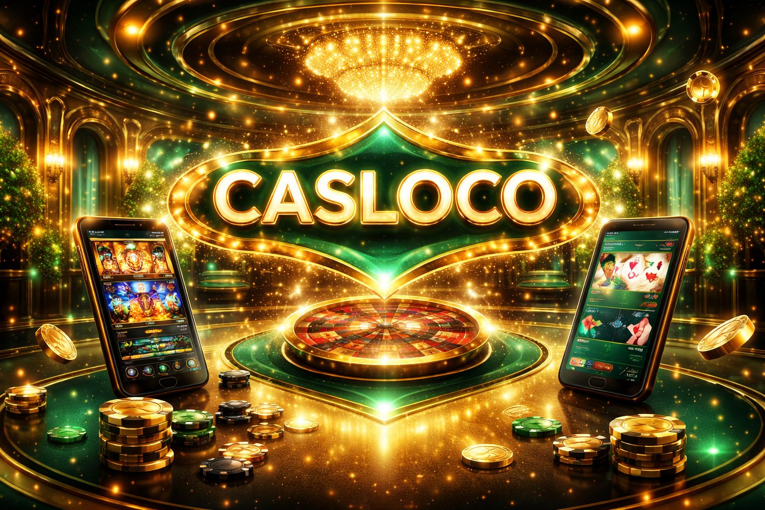Una vibrante escena digital inspirada en casino con CASLOCO mostrado prominentemente, luces brillantes, monedas, fichas y un ambiente festivo de juego para México.