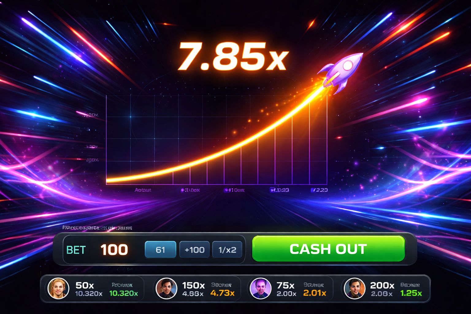 Una pantalla dinámica de juego estilo crash con un multiplicador ascendente, iluminación dramática y tensión visual de alta energía en CASLOCO.