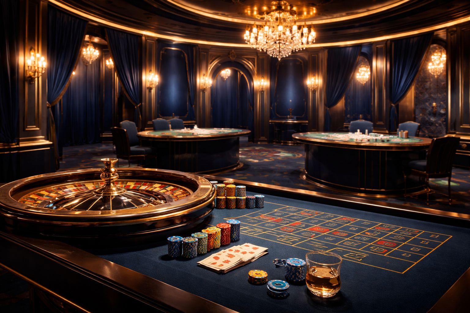 Un elegante entorno de casino en vivo con una mesa profesional, cartas, rueda de ruleta y una atmósfera inmersiva de estudio digital para CASLOCO.
