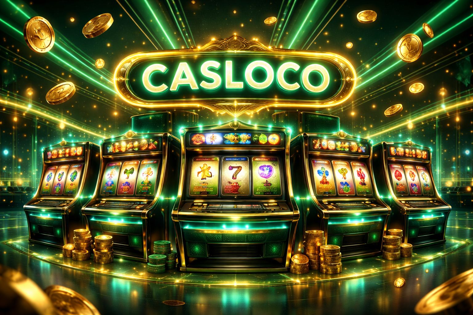 Interfaz de tragamonedas CASLOCO con carretes brillantes y atmósfera dinámica de casino